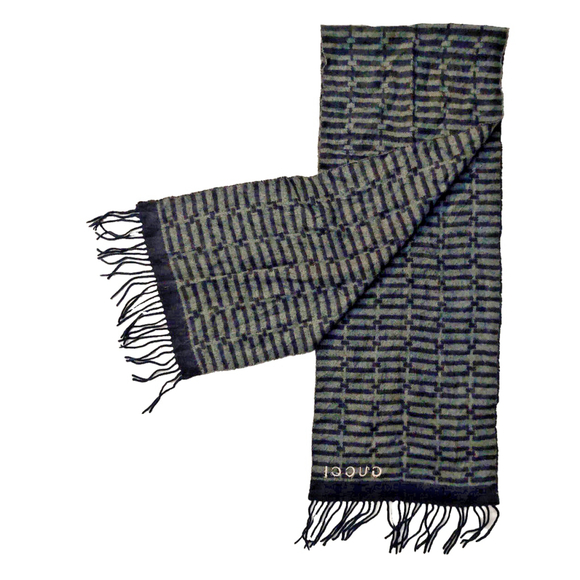 Gucci Black & Gray Embroidered Logo Geometric Weave Wool Scarf Pre-owned - Picture 2 of 16